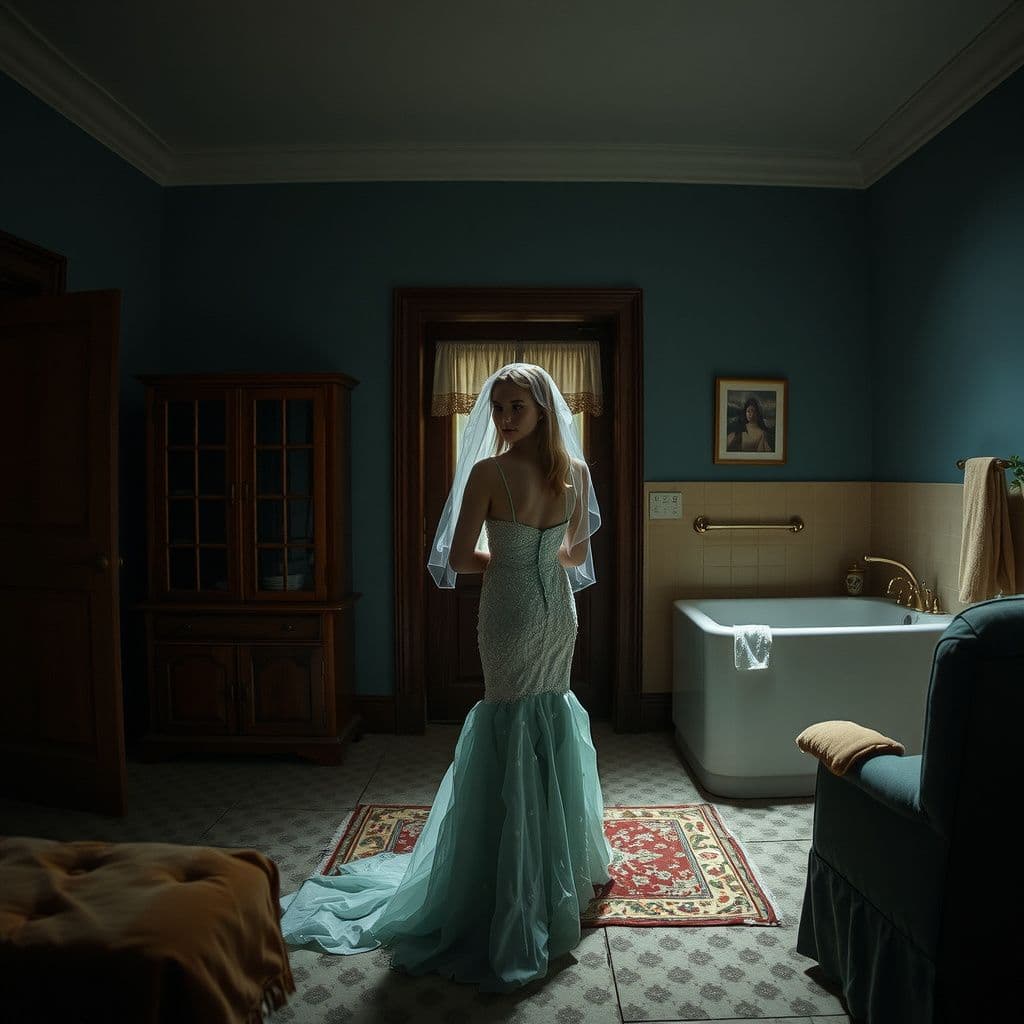 Surreal dream scene, cinematic and atmospheric, digital art: A serene interior of an old, slightly abandoned family house at night, softly lit with a mystical mermaid-themed bathroom featuring teal and aquamarine colors, where a young woman in a flowing mermaid-style wedding dress stands thoughtfully, surrounded by gentle shadows and an atmosphere of quiet reflection.