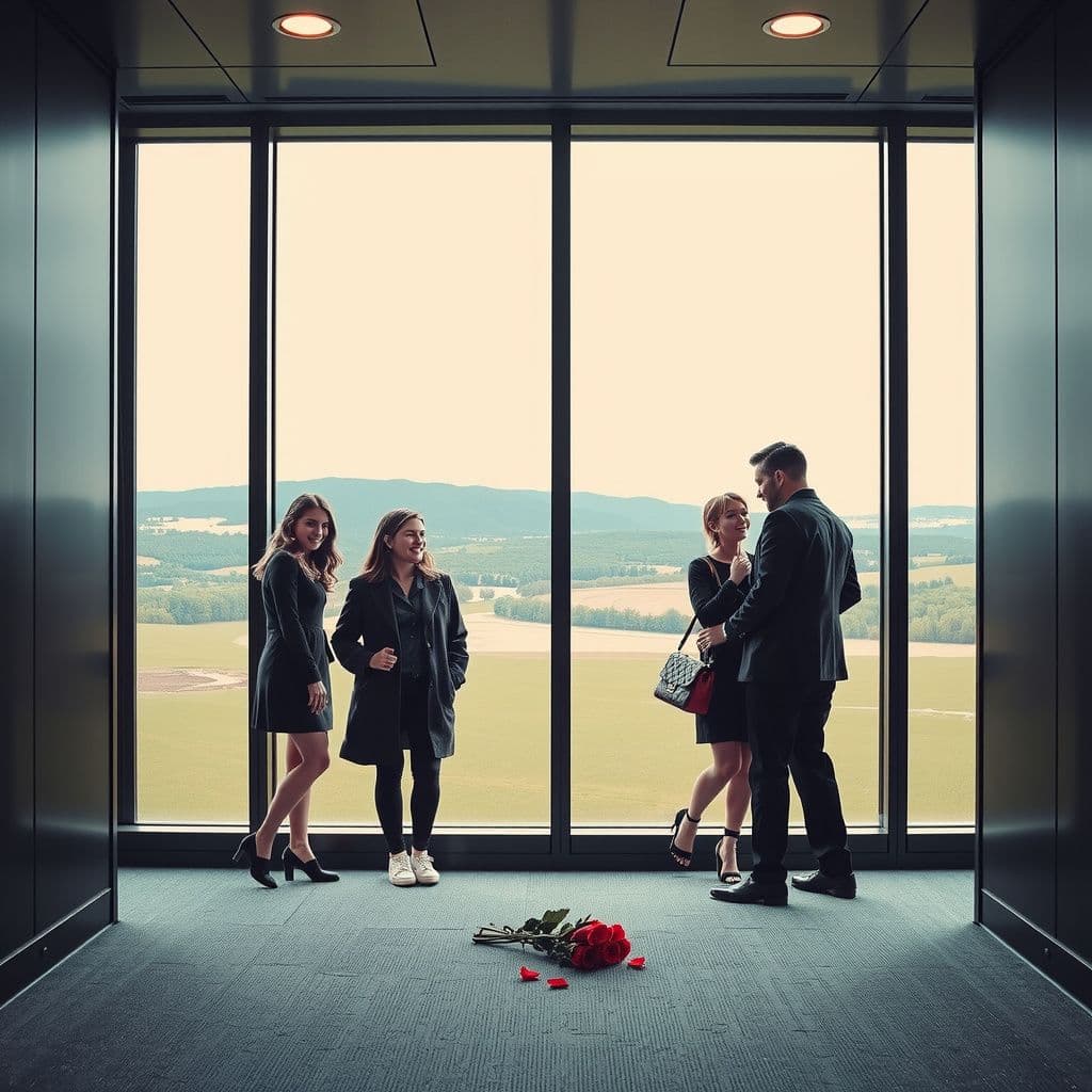 Surreal dream scene, cinematic and atmospheric, digital art: A group of joyful young friends travel together and find themselves in a sleek, high-tech elevator inside a glass-walled office building overlooking a peaceful countryside, where they discover a bouquet of roses left behind and encounter a stylish couple on a romantic date.