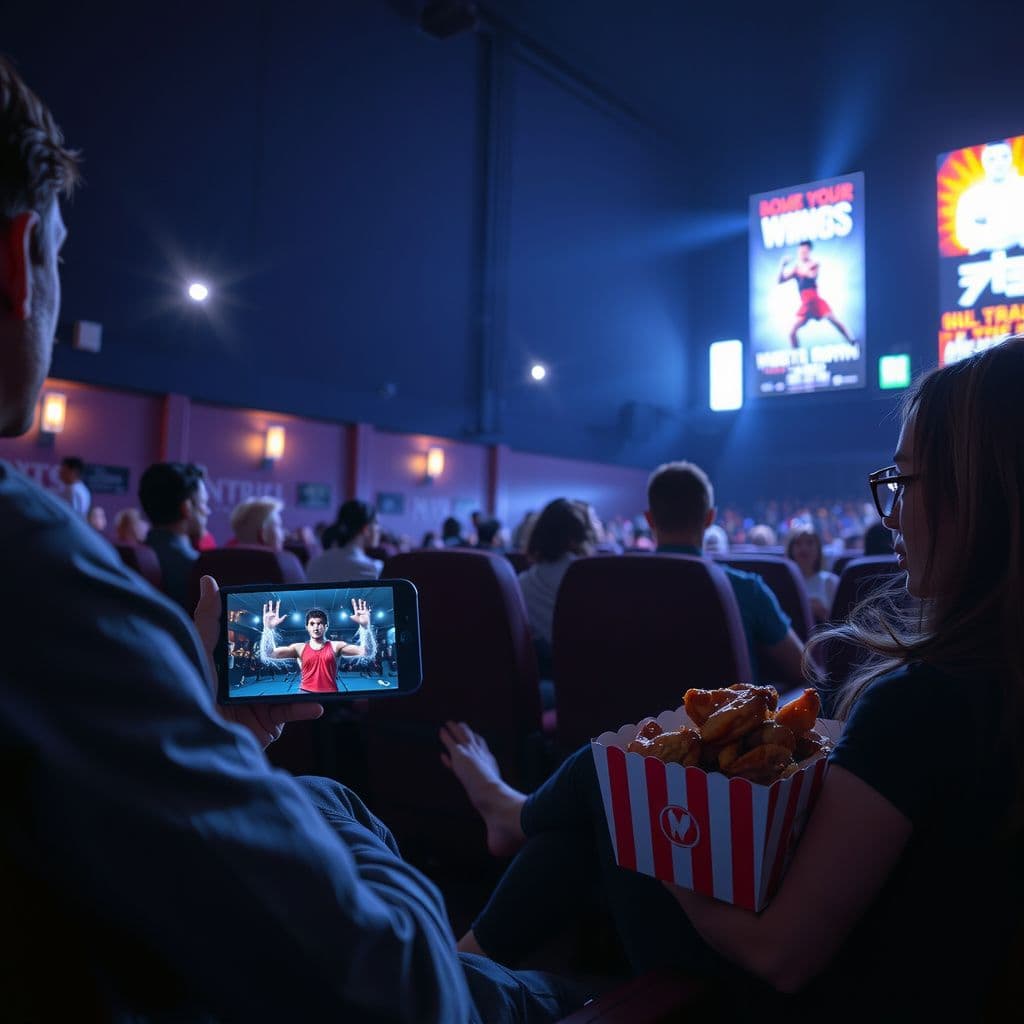 Surreal dream scene, cinematic and atmospheric, digital art: A realistic scene of a person sitting inside a crowded movie theater watching a martial arts film, holding a phone displaying artistic, psychedelic workout videos of themselves with glowing multiple arms, while a curious woman and their date sit nearby, with colorful movie posters on the walls and a large box of vegan chicken wings beside them.