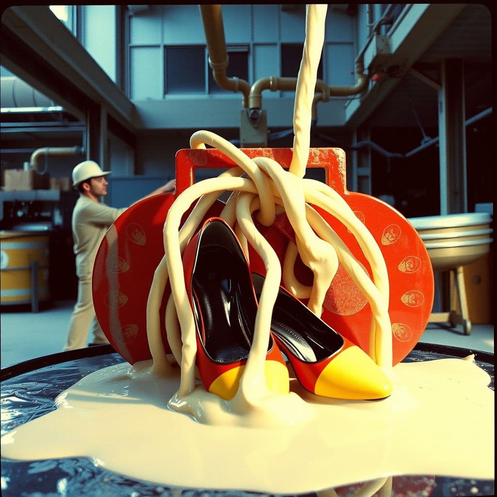 Surreal dream scene, cinematic and atmospheric, digital art: A surreal factory scene where colorful 1980s jelly shoes get tangled and wrapped up in flowing material on a batcher machine, while two workers collaborate to free them amidst an industrial background.