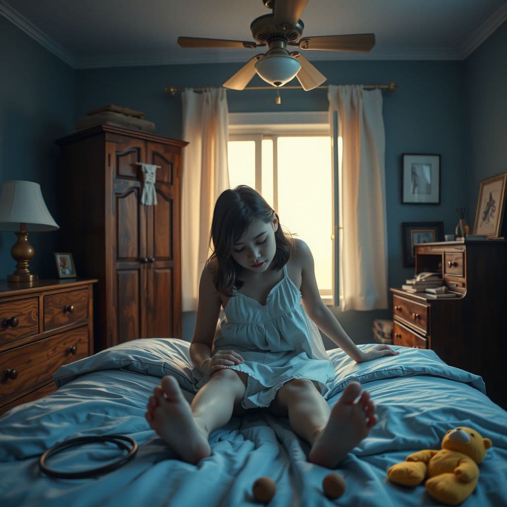 Surreal dream scene, cinematic and atmospheric, digital art: A worried parent anxiously searching a dreamlike, softly lit bedroom for their calm and smiling young daughter, surrounded by surreal, symbolic elements representing confusion and concern without any explicit detail.