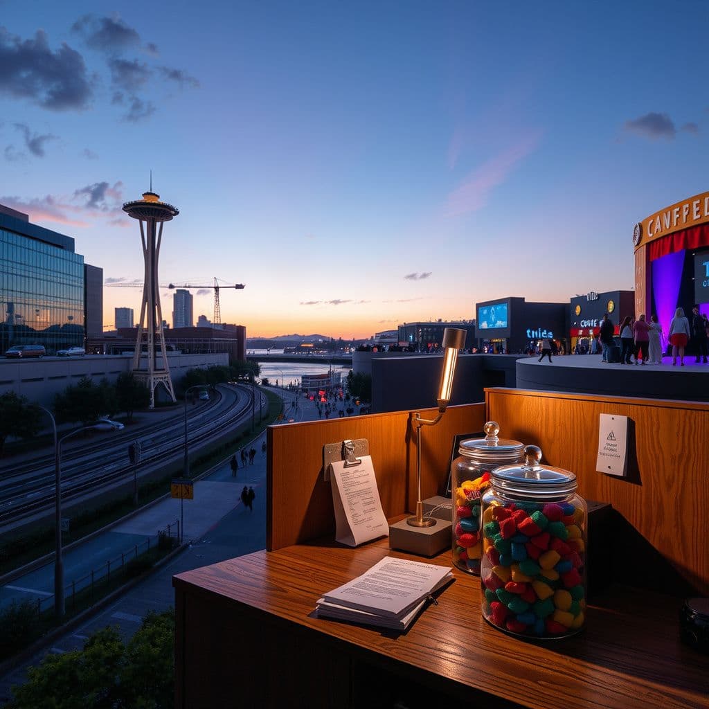 Surreal dream scene, cinematic and atmospheric, digital art: A peaceful aerial view of Seattle with light rails, parks, and trails beneath a calm sky, transitioning to a cozy office with glass jars of colorful candy on a secretary's desk, followed by a lively mall scene filled with people in vibrant cosplay costumes near stages and theaters.