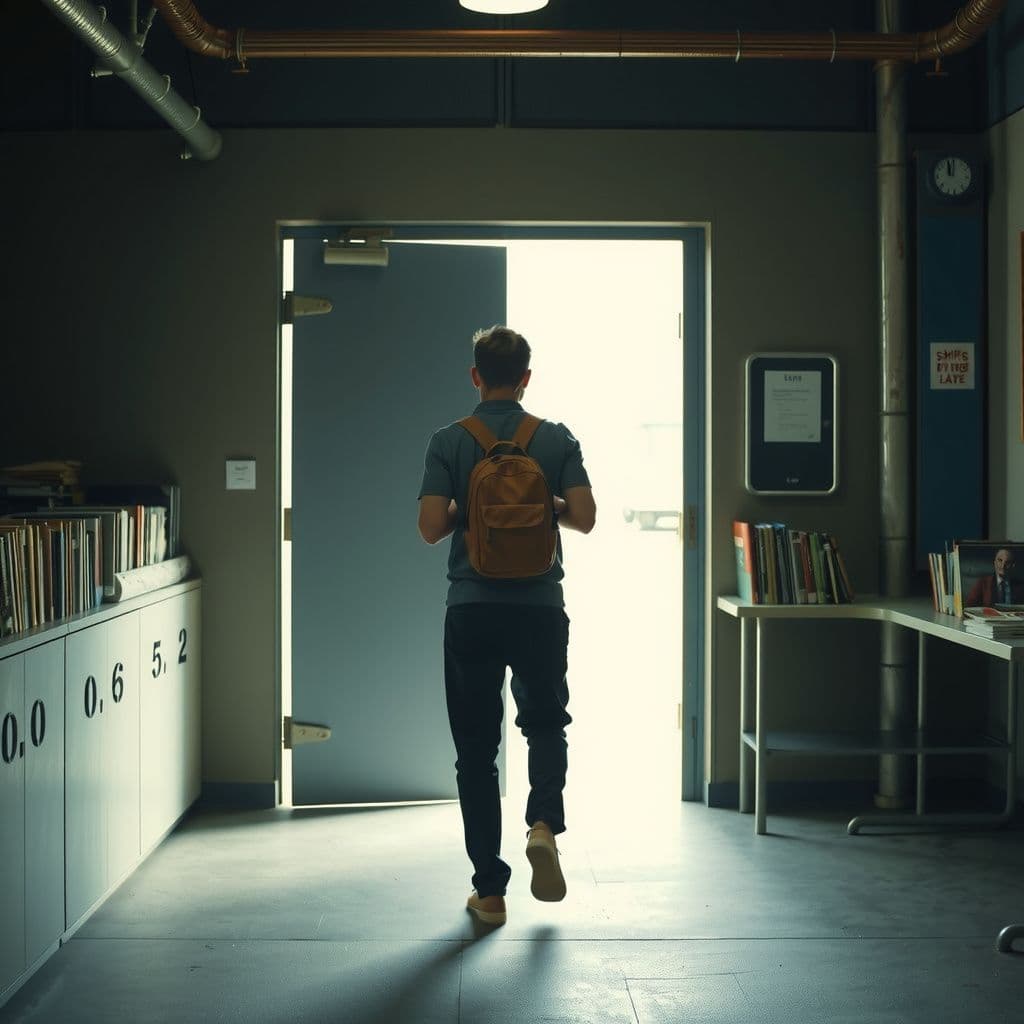 Surreal dream scene, cinematic and atmospheric, digital art: A person walks away from a steel doorway holding a book bag over their shoulder, with a table full of other book bags visible in the background, in a dimly lit, industrial-style room.