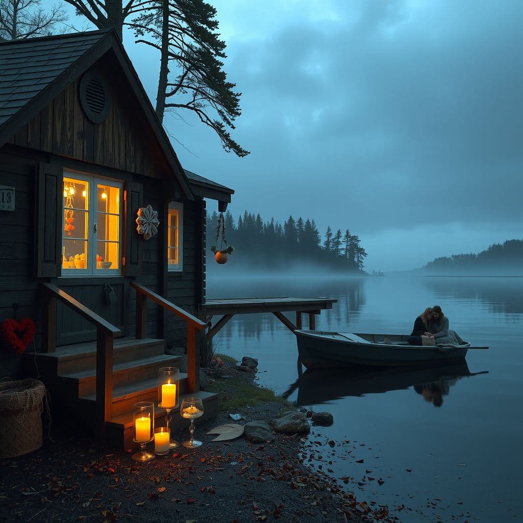Surreal dream scene, cinematic and atmospheric, digital art: A dreamy scene of a lakeside cabin where a couple shares quiet moments, surrounded by soft valentines-themed decorations and a warm, nostalgic atmosphere.