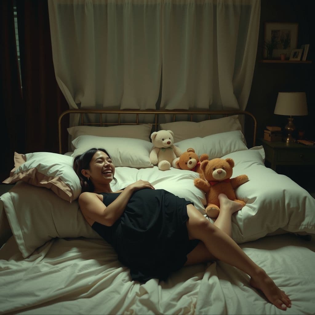 Surreal dream scene, cinematic and atmospheric, digital art: A cozy, dimly lit bedroom where two friends share a lighthearted moment filled with laughter, as one friend hugs her stomach and laughs on the floor while the other watches with a serious expression, and soft pillows and teddy bears are gently scattered around the bed, capturing a warm yet emotionally complex atmosphere.