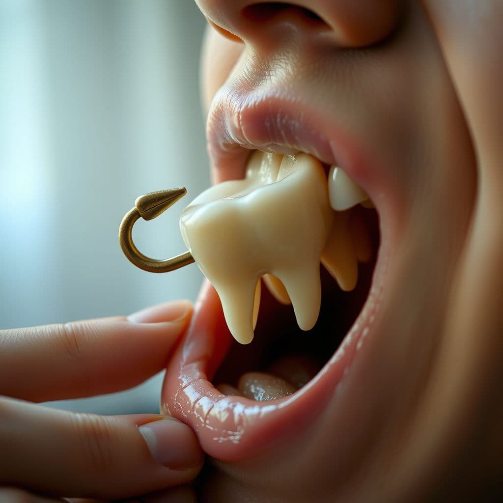 Surreal dream scene, cinematic and atmospheric, digital art: A close-up of a realistic-looking fake tooth with a hook designed to fit into gums, shown being playfully inserted and removed from a person's back molar area, capturing the subtle details of the tooth and gum interaction in a lighthearted and imaginative scene.