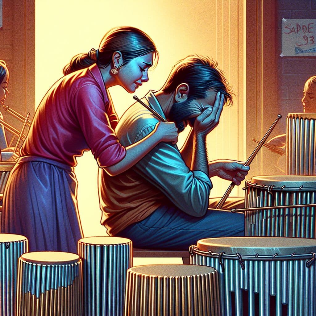 Digital art 4k scene from a movie: Dall-e, generate an image of a woman affectionately consoling a man who is emotional after watching a film he was in playing percussion music in an avant garde ensemble, with thin metal rods nearby for purchase.