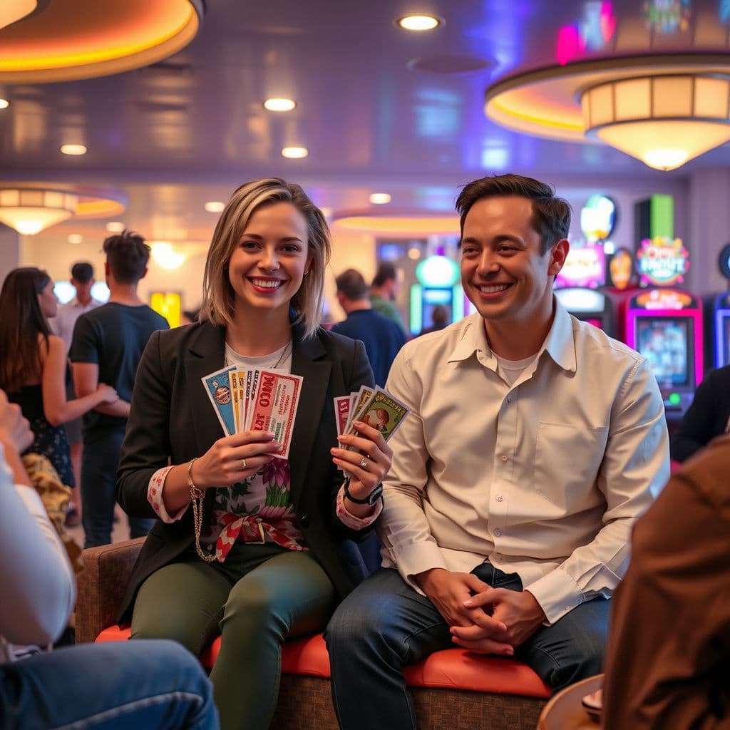 Surreal dream scene, cinematic and atmospheric, digital art: A lively casino lounge filled with young people chatting about money, a woman holding colorful coupon-like cards offering free food and prizes, sitting on a cozy, bungalow-style bunk bed while a kind man resembling Elon Musk sits beside her smiling warmly.