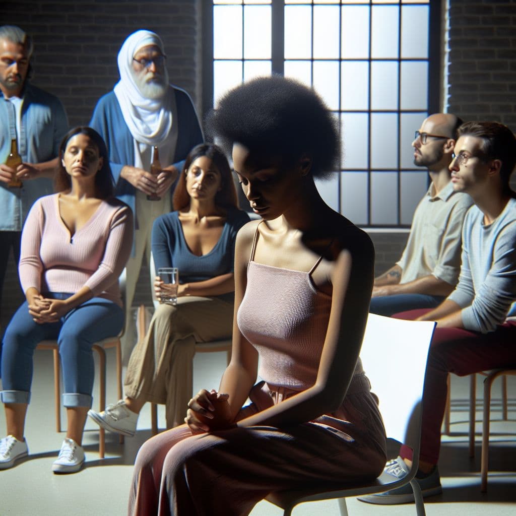 Digital art 4k scene from a movie: Dall-e, generate an image of a person attending an AA meeting in a brightly lit room, surrounded by supportive individuals, while struggling with thoughts of relapse and memories of past encounters with substance abuse.