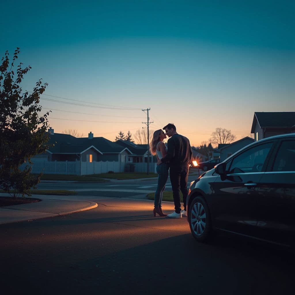 Surreal dream scene, cinematic and atmospheric, digital art: A serene suburban neighborhood at dusk with closely spaced blue houses inside a gated area, where two friends reunite by a parked car under soft streetlights, sharing a peaceful moment of friendship and music.