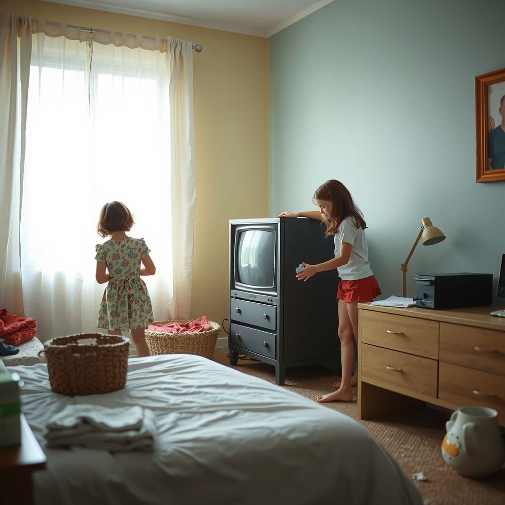 Surreal dream scene, cinematic and atmospheric, digital art: A cozy, slightly messy girls' bedroom with two siblings quietly cleaning together, one carefully wiping an old TV while the other organizes nearby, soft morning light filtering through the window.