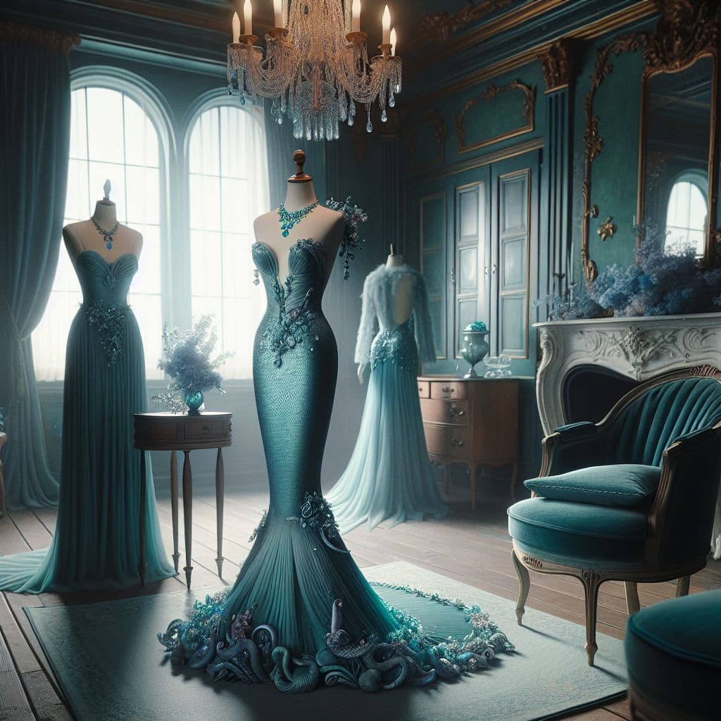 Surreal dream scene, cinematic and atmospheric, digital art: A serene, dimly lit room in an old house with subtle mermaid-themed decorations, featuring a teal mermaid-style wedding dress with aquamarine jewelry displayed elegantly on a mannequin, while soft moonlight filters through a nearby window.