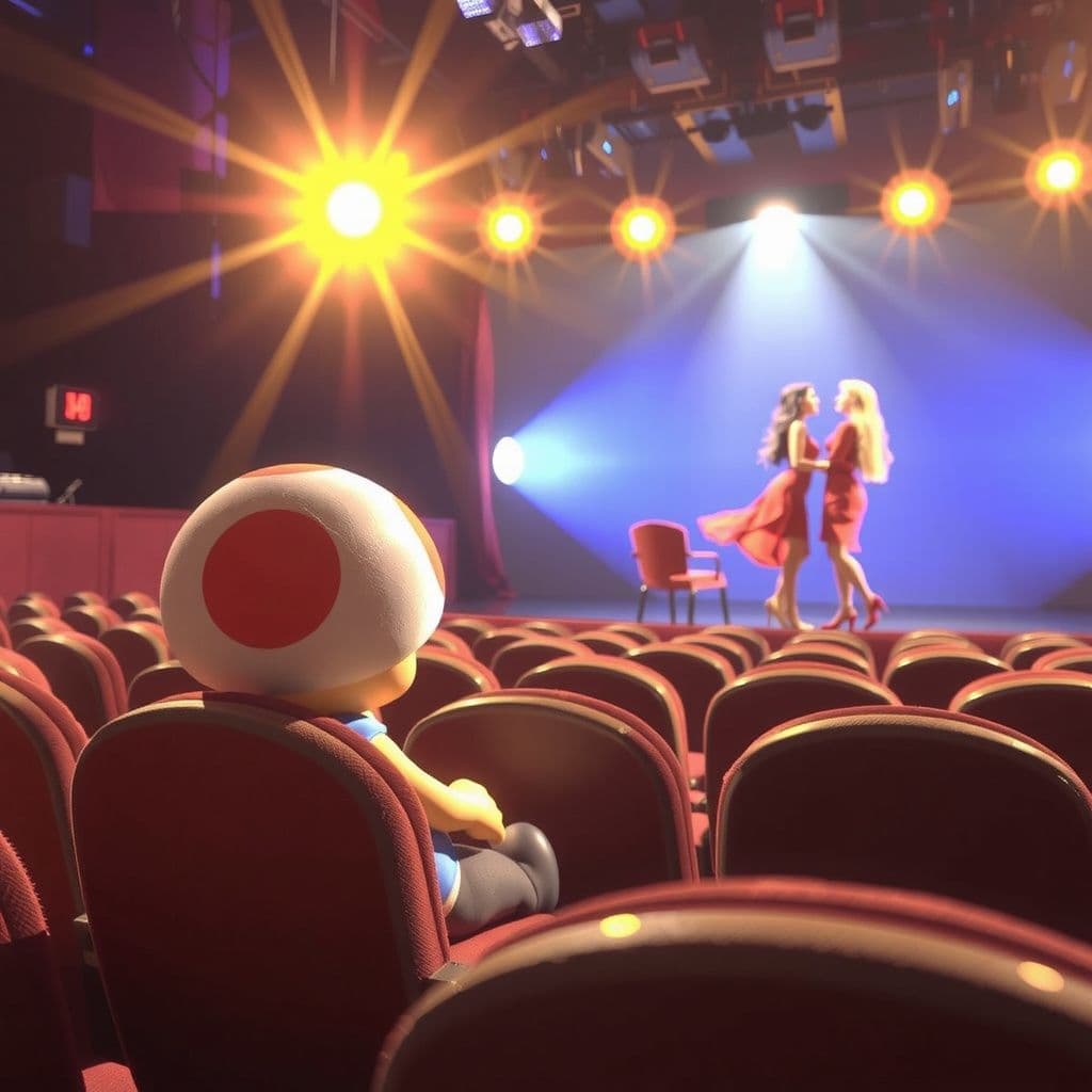 Surreal dream scene, cinematic and atmospheric, digital art: A colorful 3D scene of Toad from Super Mario sitting in a theatre seat watching a lively stage play where two women gracefully swap chairs under warm stage lighting.