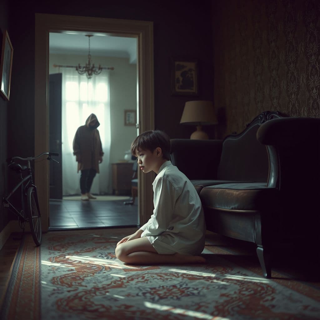 Surreal dream scene, cinematic and atmospheric, digital art: A contemplative young person sits on the floor beside an antique dark-colored couch in a dimly lit vintage home, with an upside-down bike nearby and fleeting ghostly figures emerging silently from a shadowy hallway behind them.