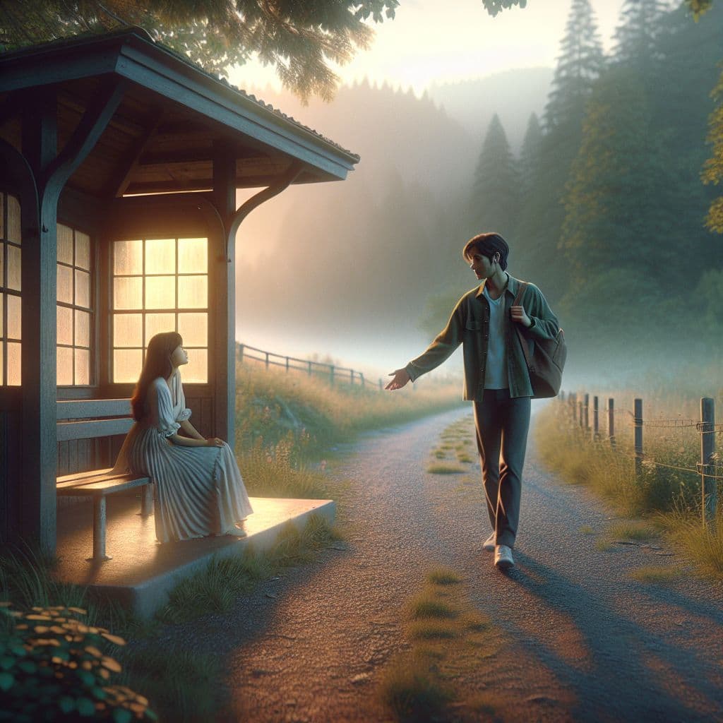 Digital art 4k scene from a movie: In a dream, a young man and a girl he does not recognize find themselves on a secluded path early in the morning, where she leads him to a bus shelter and urges him to lie down for an unexpected encounter.