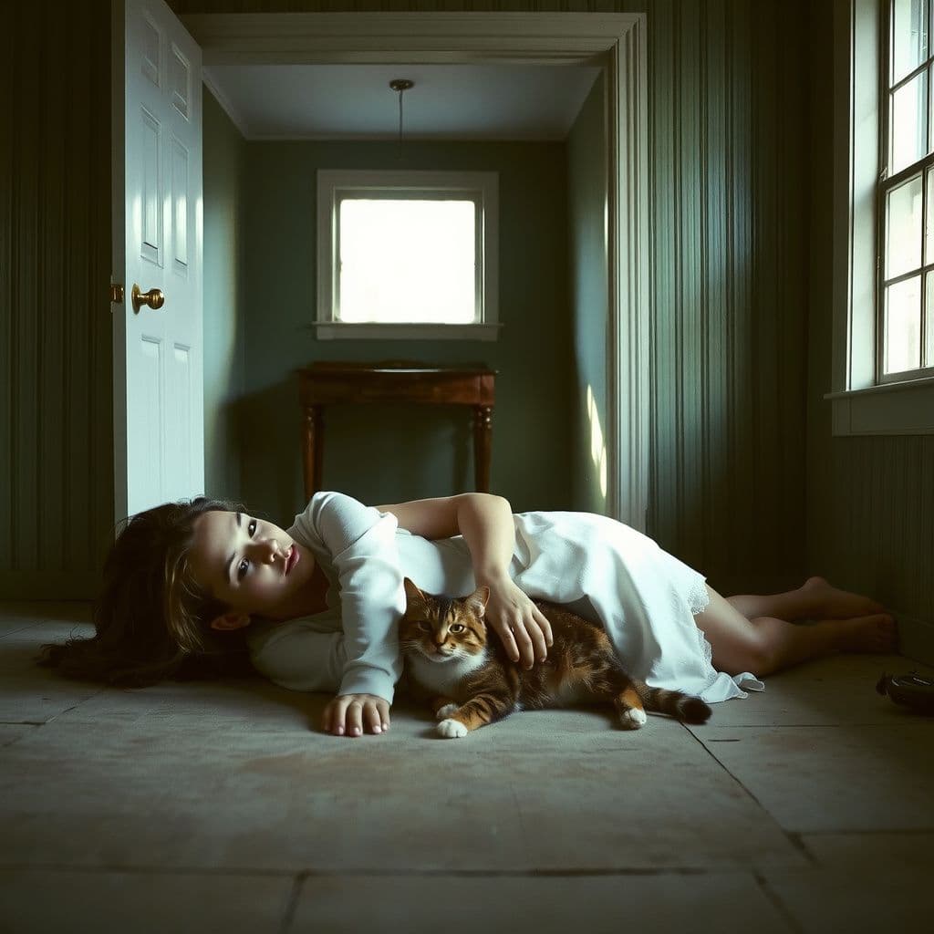 Surreal dream scene, cinematic and atmospheric, digital art: A peaceful scene of a woman discovering and cleaning a forgotten room in an old house, lying down with a content cat resting on her chest while soft sunlight filters through a nearby window.