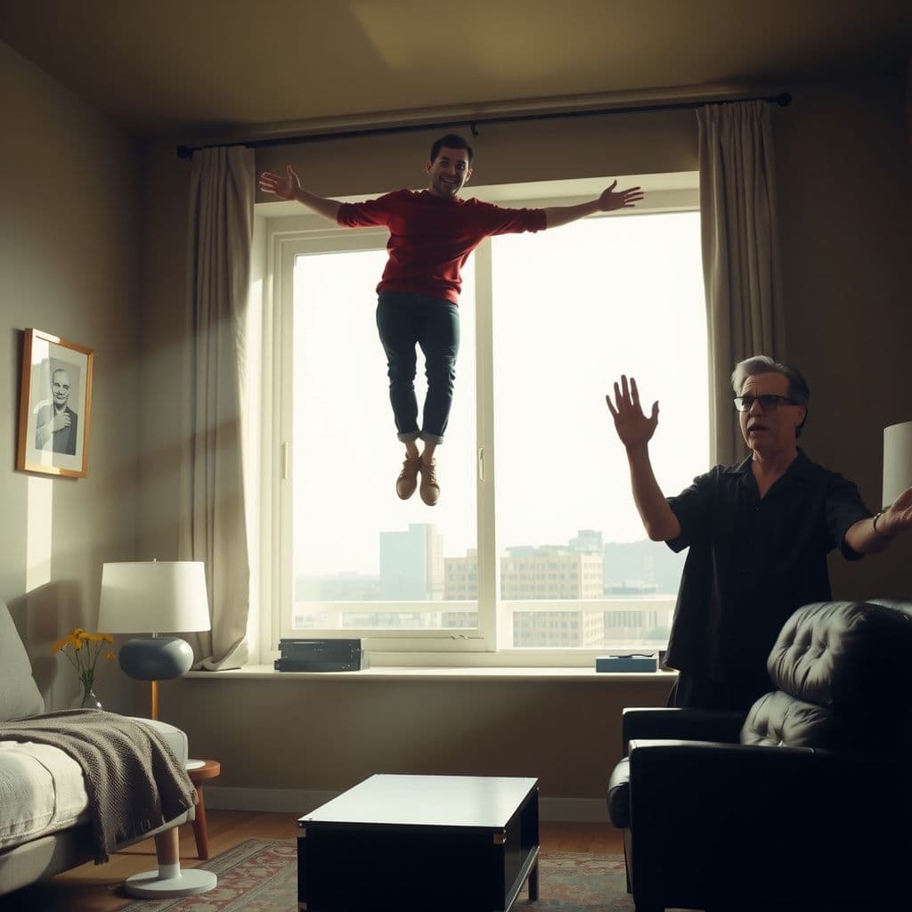 Surreal dream scene, cinematic and atmospheric, digital art: A serene scene of a person levitating effortlessly above the floor in their cozy living room by a window, illuminated by soft natural light, while a surprised yet joyful figure resembling Jim Carrey approaches gently, expressing admiration and amazement.