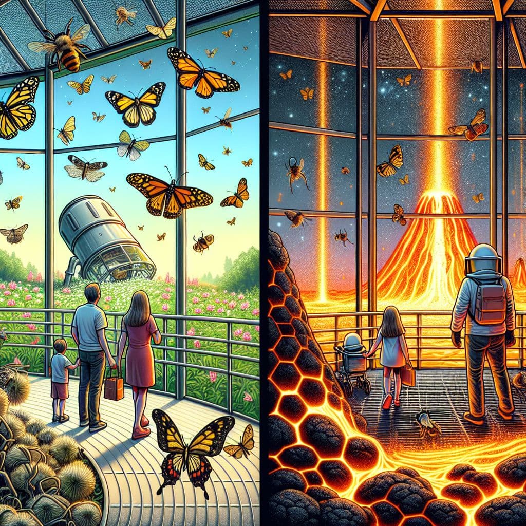 Digital art 4k scene from a movie: A scene from a Bee And Butterfly Centre where a family navigates through a magical observatory filled with bees and butterflies, only to encounter spurts of lava erupting as they try to make their way across metal grills safely.