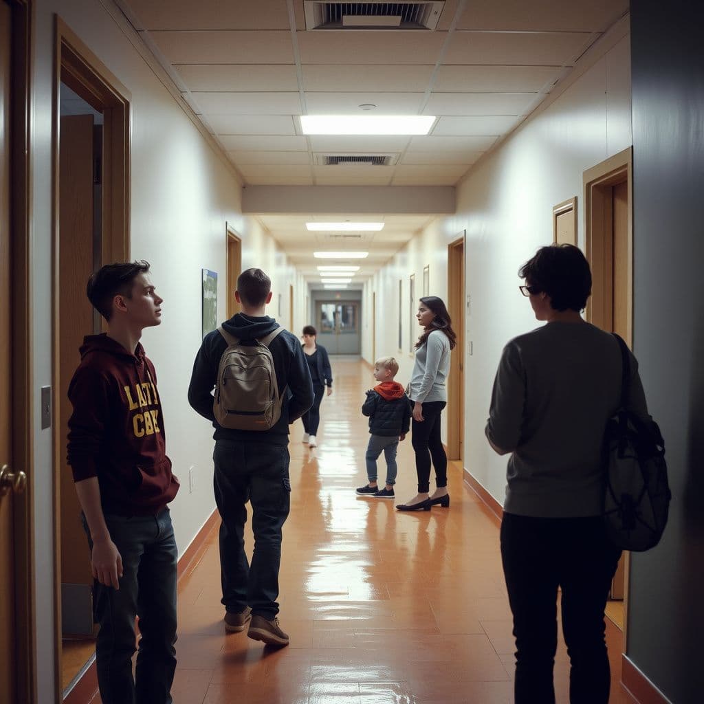 Surreal dream scene, cinematic and atmospheric, digital art: A family attending a high school event, with a teenage boy standing apart down a hallway looking thoughtful and distant near science project displays, while a concerned parent tries to gather everyone together in a brightly lit school corridor.