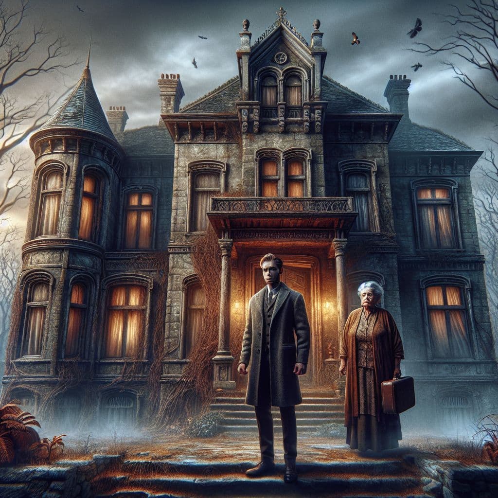 Digital art 4k scene from a movie: Dall-e, generate an image of an old mansion with ants crawling on the walls, as a male and an old high school friend's mom wait for a woman to appear in a state of anger and confusion.