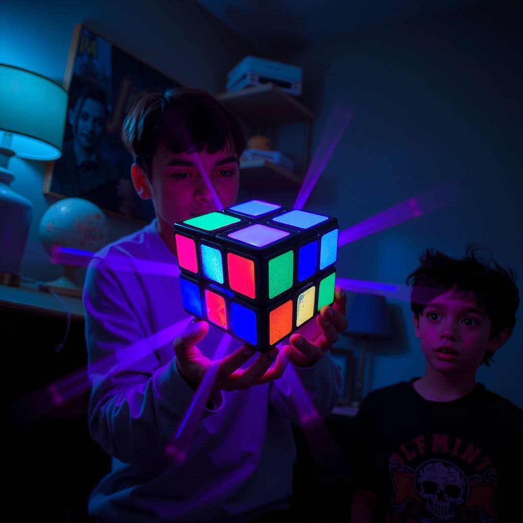 Surreal dream scene, cinematic and atmospheric, digital art: A person in a dark room holding a large glowing Rubik's Cube that morphs and shifts shapes with colorful lights emanating from it, while their amazed cousin watches silently with wide eyes.