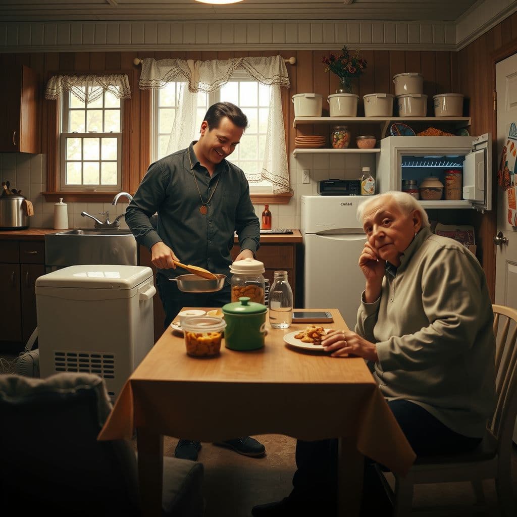 Surreal dream scene, cinematic and atmospheric, digital art: A warm, cozy kitchen scene showing a man cheerfully cooking while an elderly woman sits at the table eating, surrounded by neatly organized food containers and a thoughtfully tidied freezer.