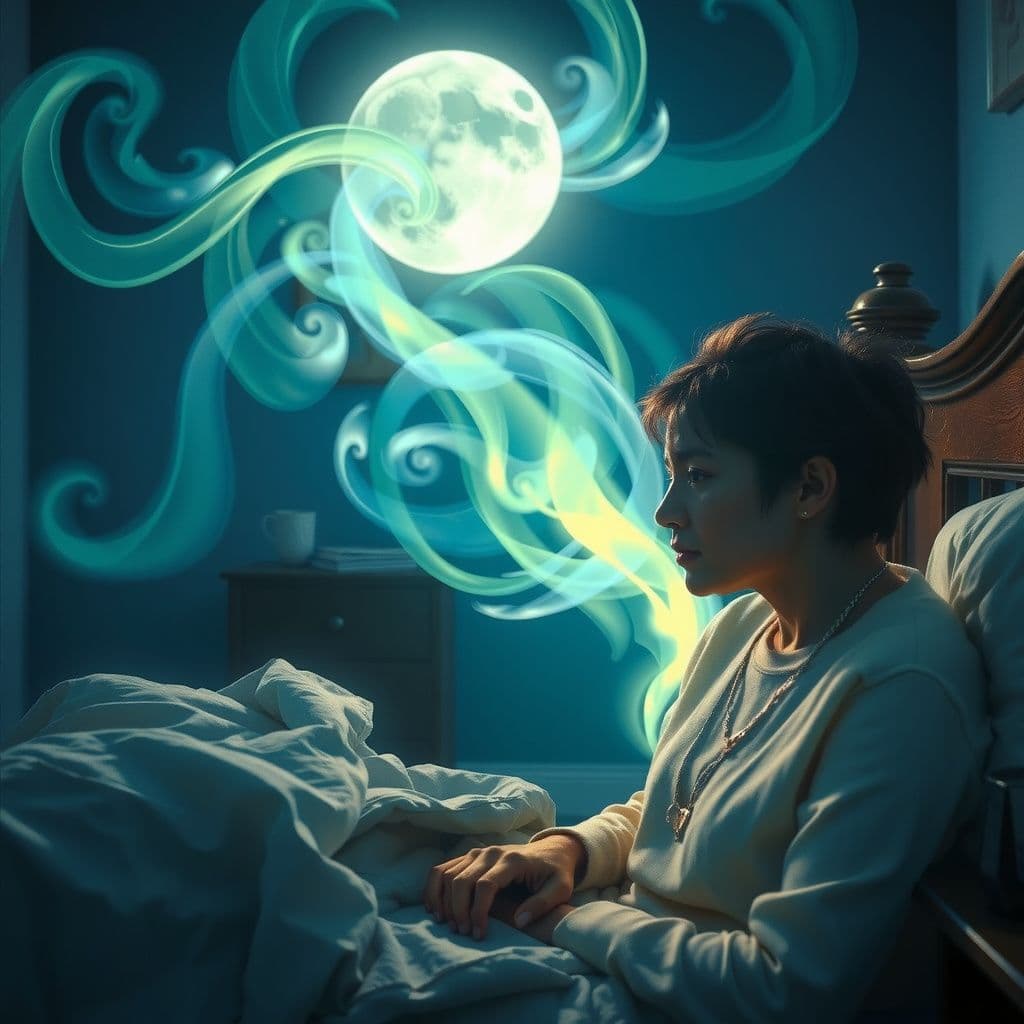 Surreal dream scene, cinematic and atmospheric, digital art: A surreal scene depicting a person lying awake in their bedroom, confronted by a glowing green and blue ethereal spirit resembling their grandmother beside the bedside, surrounded by soft swirling spiritual colors under a calm moonlit sky.