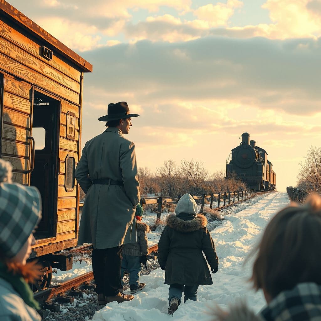 Surreal dream scene, cinematic and atmospheric, digital art: A whimsical scene depicting a family living simply like pioneers on the prairie in the southern winter with minimal shelter, later boarding a moving train that takes them to vibrant flower-filled meadows in Missouri, where they meet a mysterious Irishman with tan skin and green eyes who reveals he is the narrator’s secret brother.