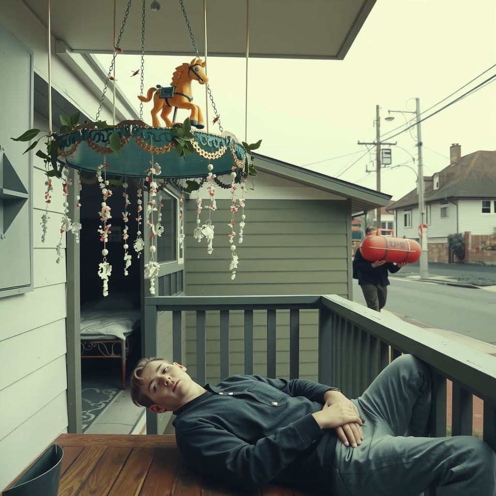 Surreal dream scene, cinematic and atmospheric, digital art: A contemplative person lies under a delicate baby carousel adorned with plastic leaves, tiny bugs, and strings of white floral beads hanging from a balcony in a quiet, modest home, while vintage colorful metal baby rides and a cozy bed are visible on a second balcony nearby, and a thoughtful neighbor carries a mysterious red propane tank down a suburban street.