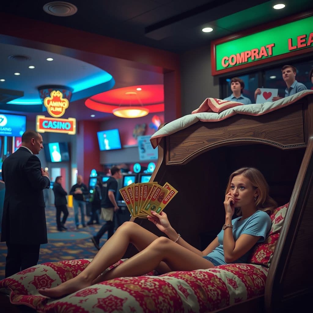 Surreal dream scene, cinematic and atmospheric, digital art: A bustling casino lounge filled with young people chatting animatedly about money, a woman holding colorful coupon cards for free food and prizes, sitting comfortably on a large bungalow-style bunk bed while a polite man in a smart suit offers friendly conversation and support.
