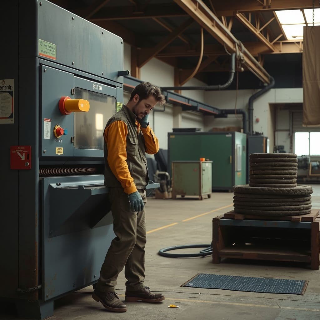 Surreal dream scene, cinematic and atmospheric, digital art: A hardworking factory worker feeling unappreciated takes a quiet moment of reflection beside a large industrial slitter machine in a softly lit workshop.