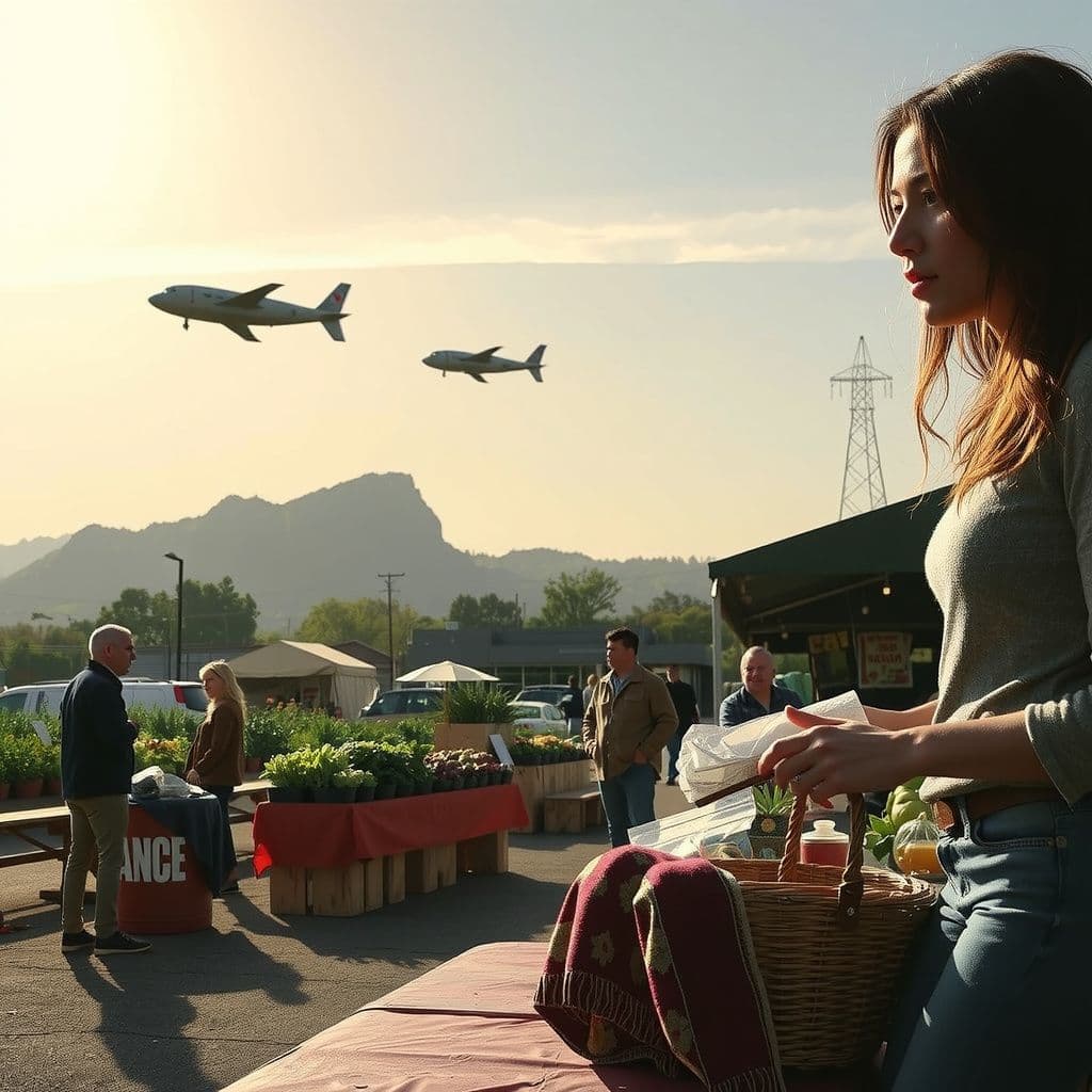 Surreal dream scene, cinematic and atmospheric, digital art: A determined woman calmly setting up her vibrant Farmers Market stall alone while confused onlookers and assertive strangers from her past hover nearby, creating a tense but peaceful outdoor scene under bright daytime skies.