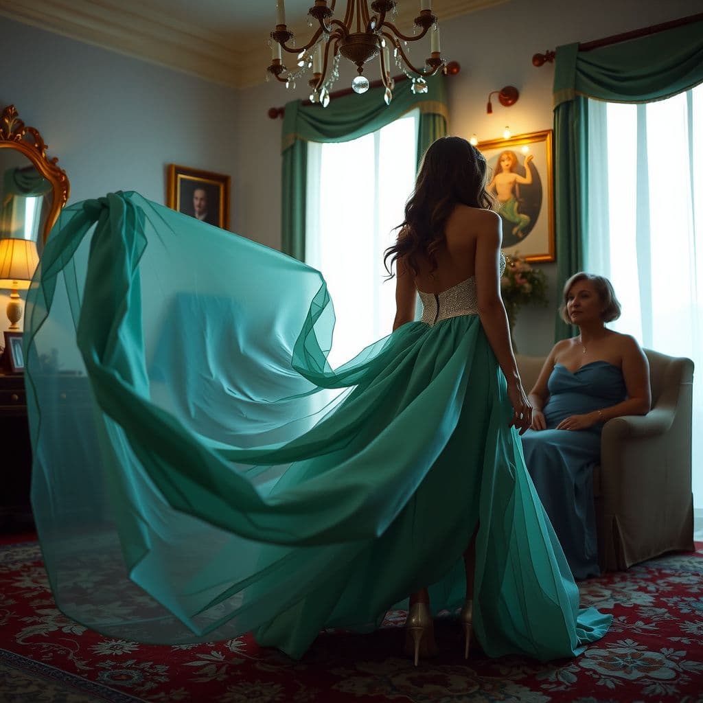 Surreal dream scene, cinematic and atmospheric, digital art: A woman gently flipping through a teal mermaid-style wedding dress with aquamarine jewelry in a softly lit room decorated with an oceanic mermaid theme, while two people look on warmly nearby.