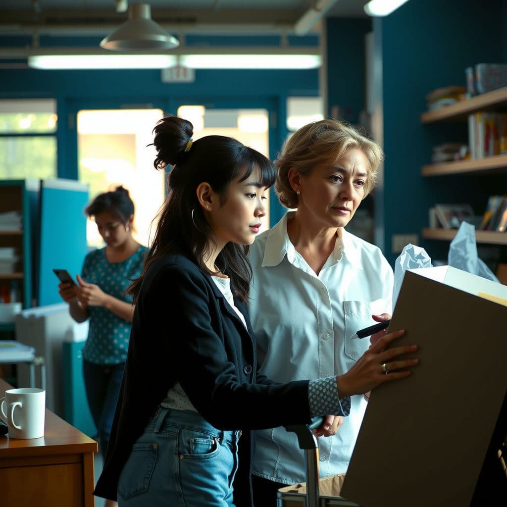Surreal dream scene, cinematic and atmospheric, digital art: A young woman at a busy workplace packing up an assorted mix of personal belongings while secretly sharing a quiet moment with her youthful-looking mother in the early morning light.