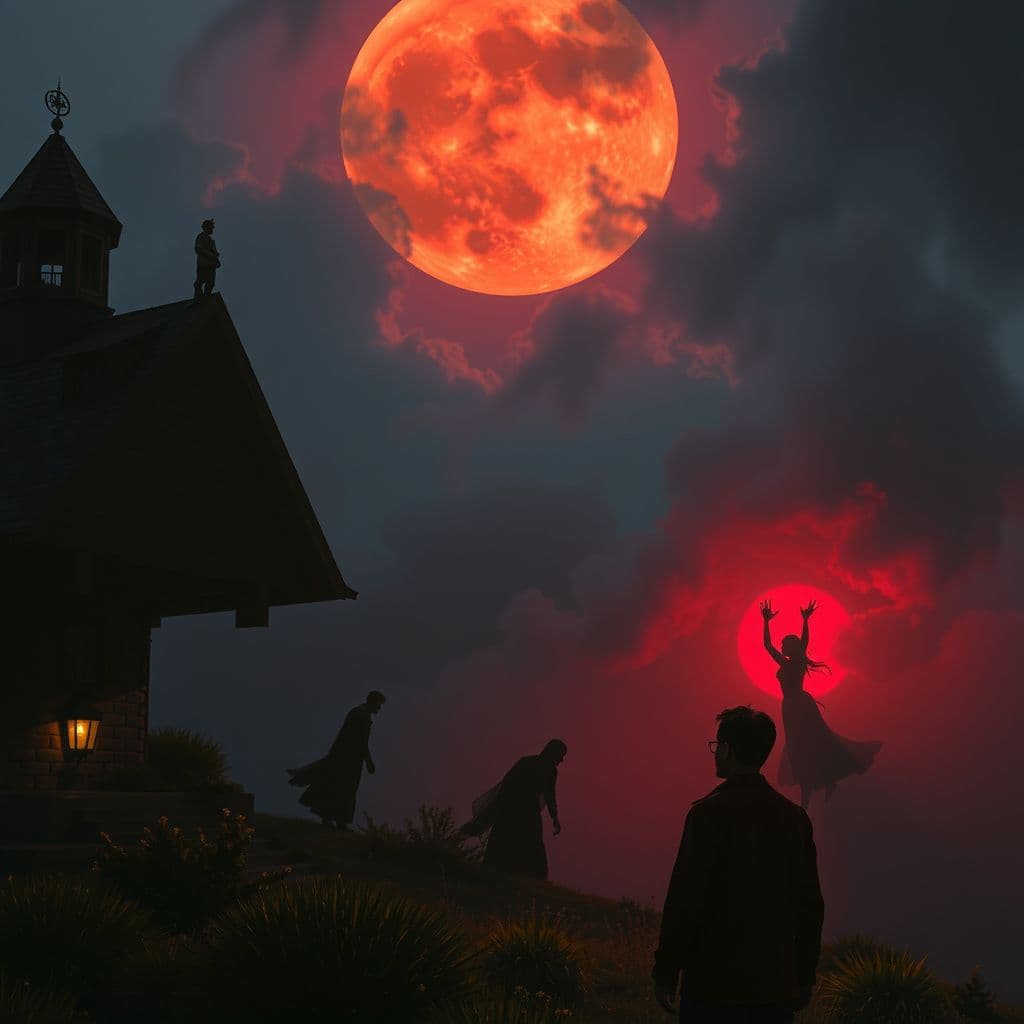 Surreal dream scene, cinematic and atmospheric, digital art: A surreal dreamscape featuring a blood red moon glowing over a mysterious, otherworldly place where a person encounters fleeting, ethereal figures and experiences complex emotions.