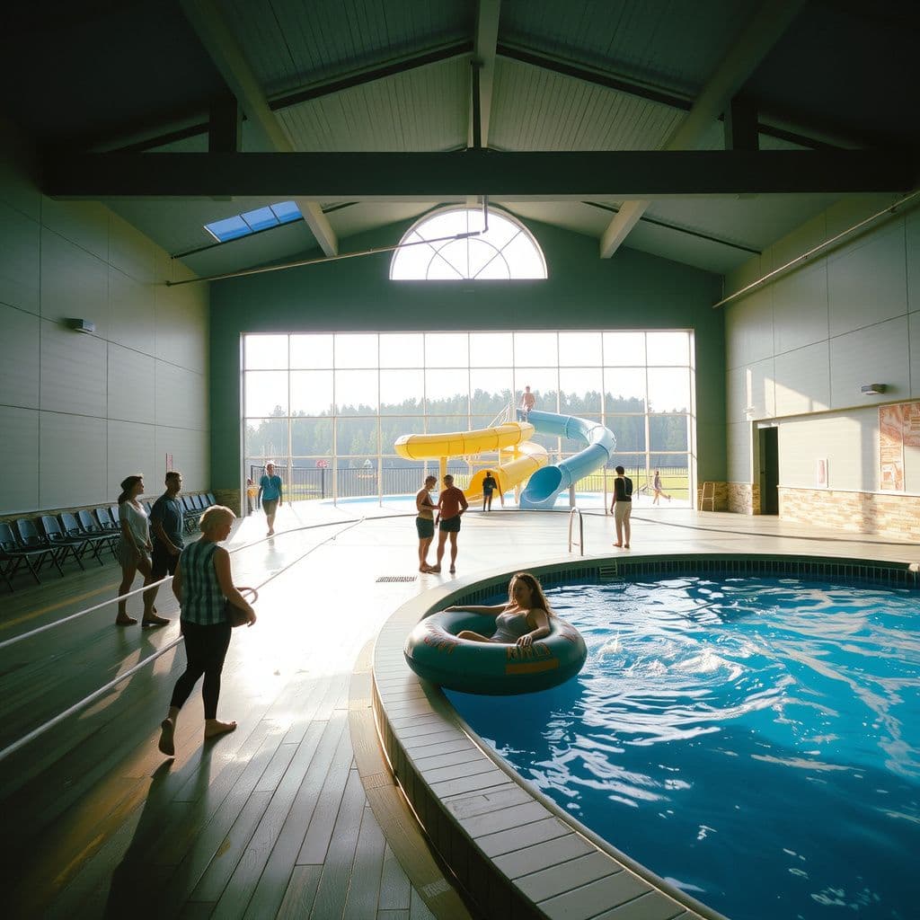 Surreal dream scene, cinematic and atmospheric, digital art: A lively indoor pool area with wooden floors and walls, featuring a group of people interacting near the water, a water slide with someone joyfully sliding down on an inner tube, while another person watches from a separate slide, all set within a bright and inviting waterpark connected to the pool.