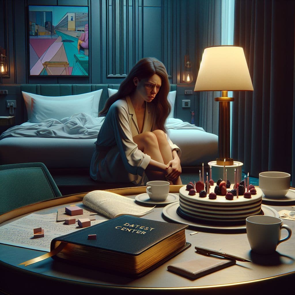 Digital art 4k scene from a movie: In a hotel room near the Yerba Buena Center for the Arts, a small Bible left behind by her dad sits beside a delectable array of cakes, prompting Kirsten to reflect on the unexpected reunion she found herself in.