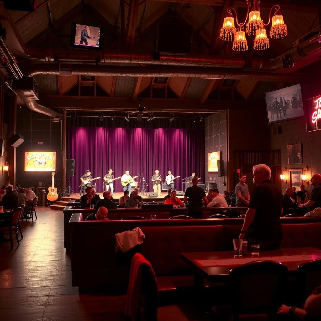 Surreal dream scene, cinematic and atmospheric, digital art: A lively nighttime scene inside a large, dimly lit theater bar filled with many tables and chairs, a stage with musicians performing country music, people chatting and moving tables to create a dance floor, and an outdoor adjacent area with more seating and friendly patrons sharing stories under soft ambient lighting.
