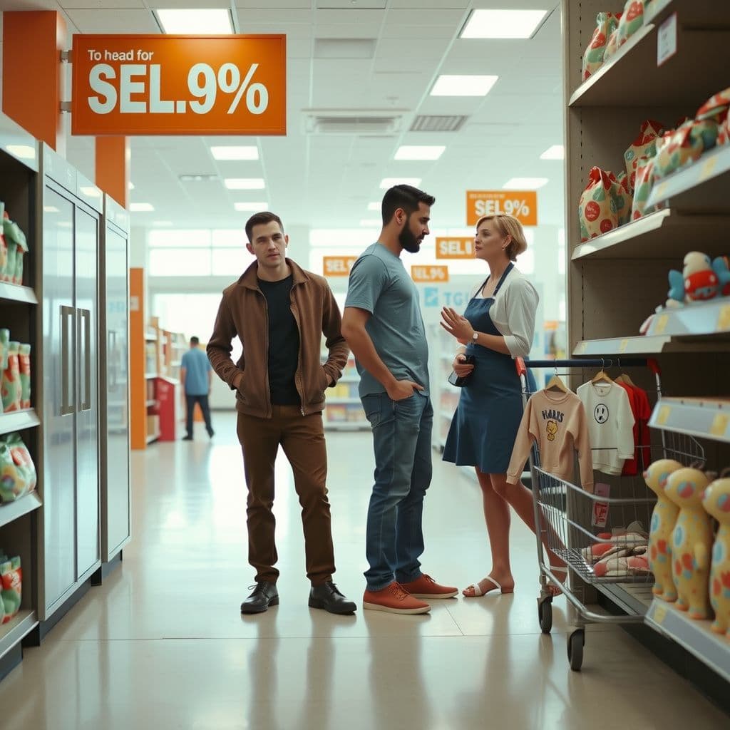 Surreal dream scene, cinematic and atmospheric, digital art: A confident shopper standing up calmly to a tall, annoyed couple mockingly insulting a Walmart employee who is restocking baby clothes in a brightly lit store aisle.