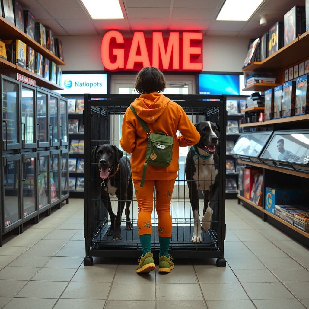 Surreal dream scene, cinematic and atmospheric, digital art: A playful scene in a colorful video game store where a person in bright, whimsical clothing carefully shepherds two large gentle Great Danes back into their cages, surrounded by shelves of vibrant game merchandise and a lively, lighthearted atmosphere.