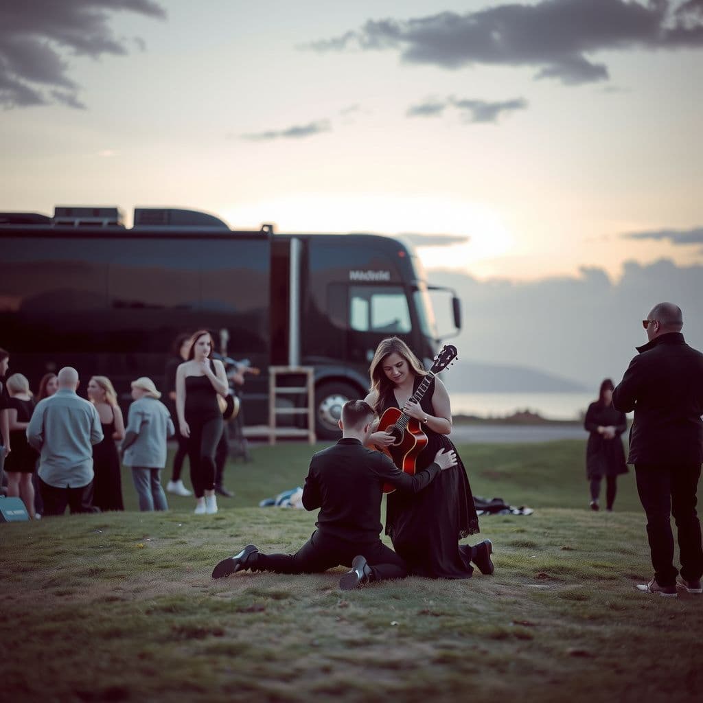 Surreal dream scene, cinematic and atmospheric, digital art: A peaceful outdoor concert scene on a grassy hill with a calm crowd dressed in black, a gentle musician kneeling beside a thoughtful woman in black leggings, offering comfort and support as they watch a band perform near a large black tour bus under a soft evening sky.
