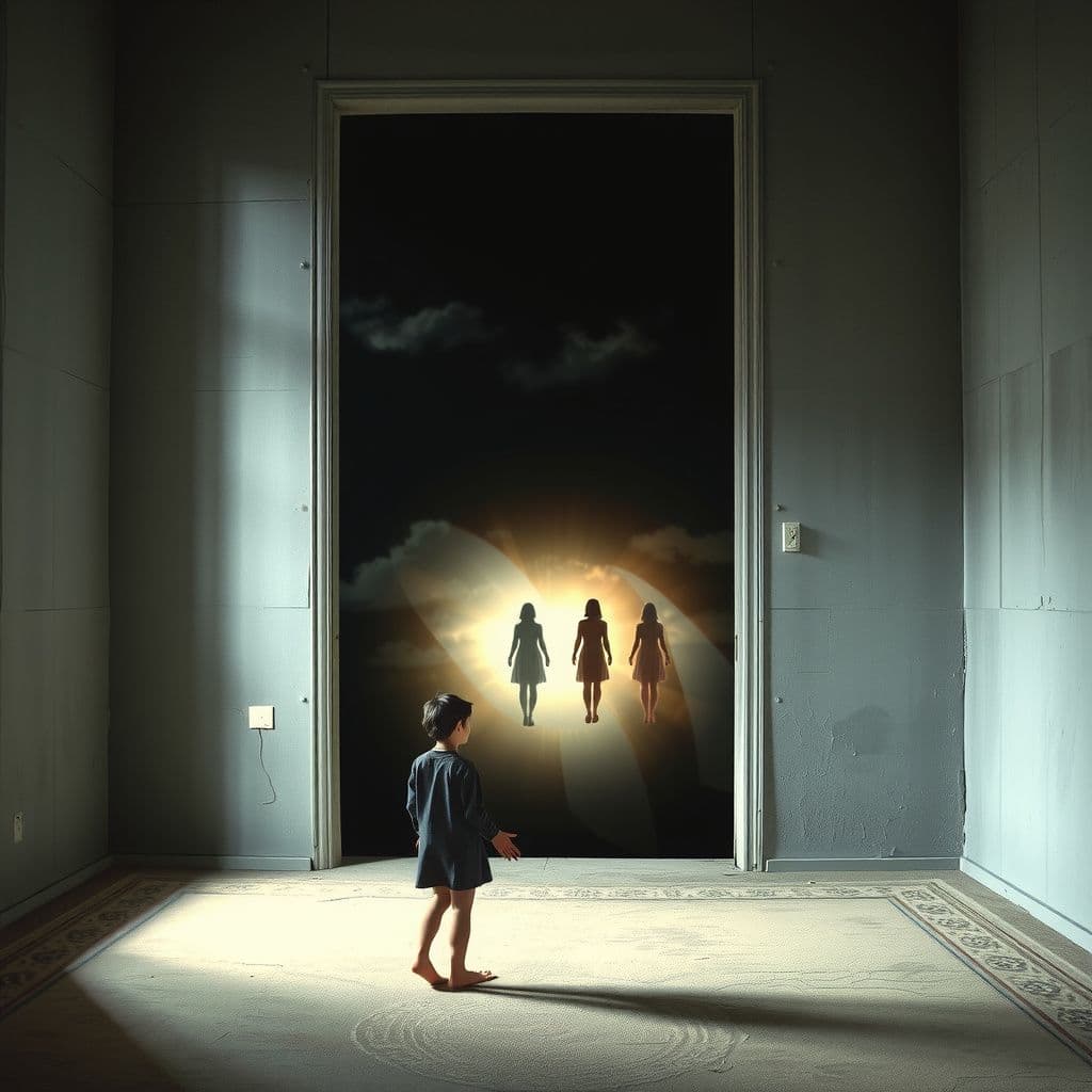Surreal dream scene, cinematic and atmospheric, digital art: A solitary figure stands barefoot on a vintage carpeted floor in an empty, gray concrete-walled room, palms pressed gently above the floor as soft, glowing energy flows downward, with a mystical, dark, and ethereal space visible beneath, where faint silhouettes of kind, protective women with dark hair hover peacefully in a shadowy abyss.
