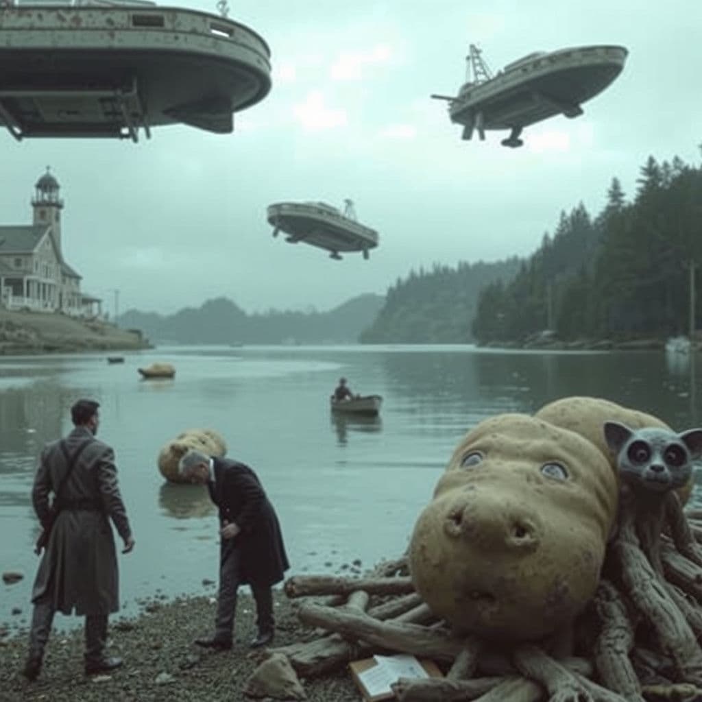 Surreal dream scene, cinematic and atmospheric, digital art: A mysterious coastal town where people float submerged in water like lifeless vessels before being mysteriously rejuvenated, with two determined figures confronting a hesitant local beside eerie remnants resembling boiled potatoes.