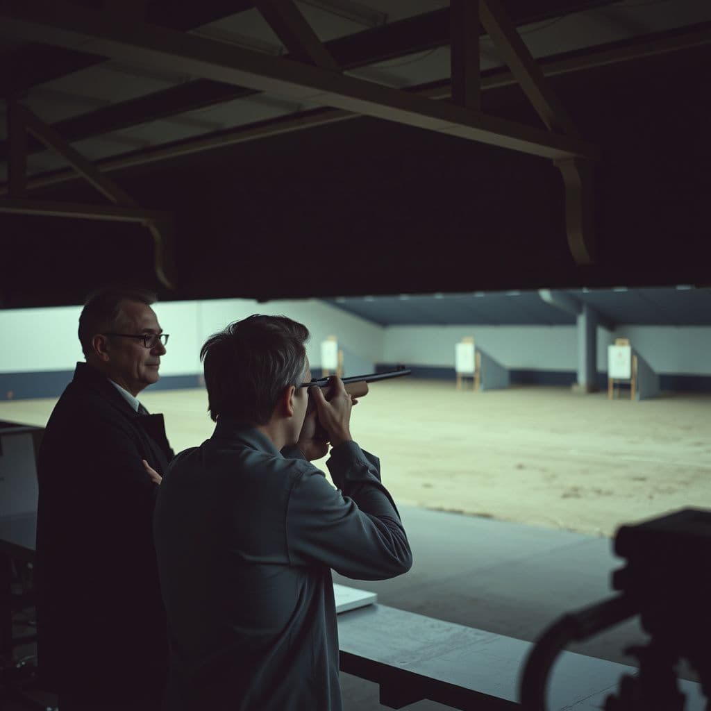 Surreal dream scene, cinematic and atmospheric, digital art: A person at a shooting range, intensely focused on their target while two older men stand closely behind, watching with curiosity and quiet admiration.