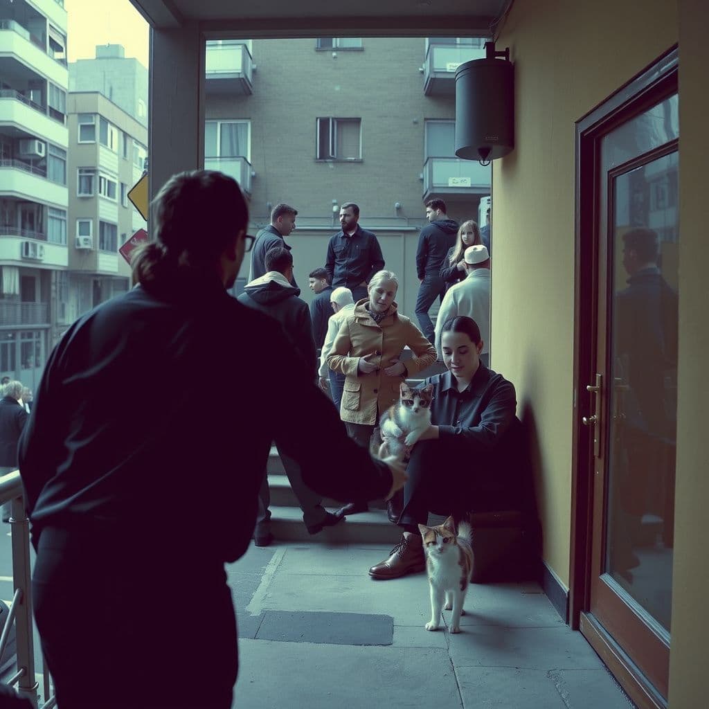 Surreal dream scene, cinematic and atmospheric, digital art: A caring person gently helps a dazed woman sitting on a stairwell outside a busy urban apartment building crowded with people, while a small calico kitten sits calmly in their arms.