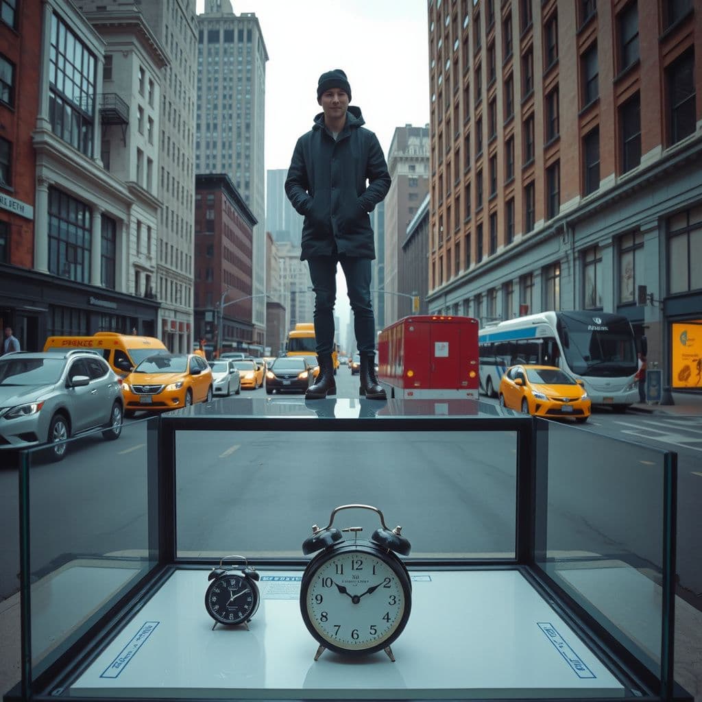 Surreal dream scene, cinematic and atmospheric, digital art: A person stands on a thick glass sidewalk window above a small recessed display area on a busy New York City street, looking down at two clocks showcased beneath the glass, with tall buildings lining Park Avenue in the background.