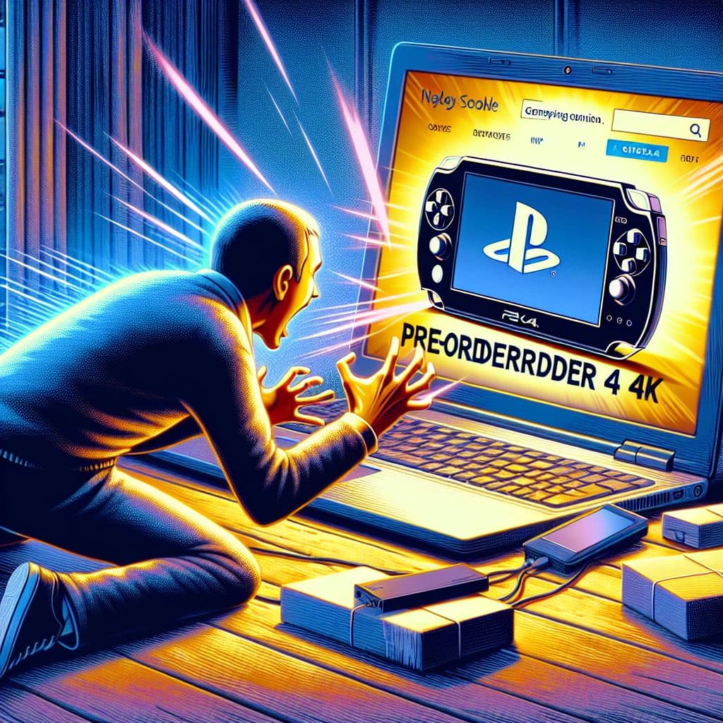 Digital art 4k scene from a movie: Generate an image of a person eagerly refreshing the Amazon website on their laptop, searching for the newly announced Nintendo Switch 2 for preorder.