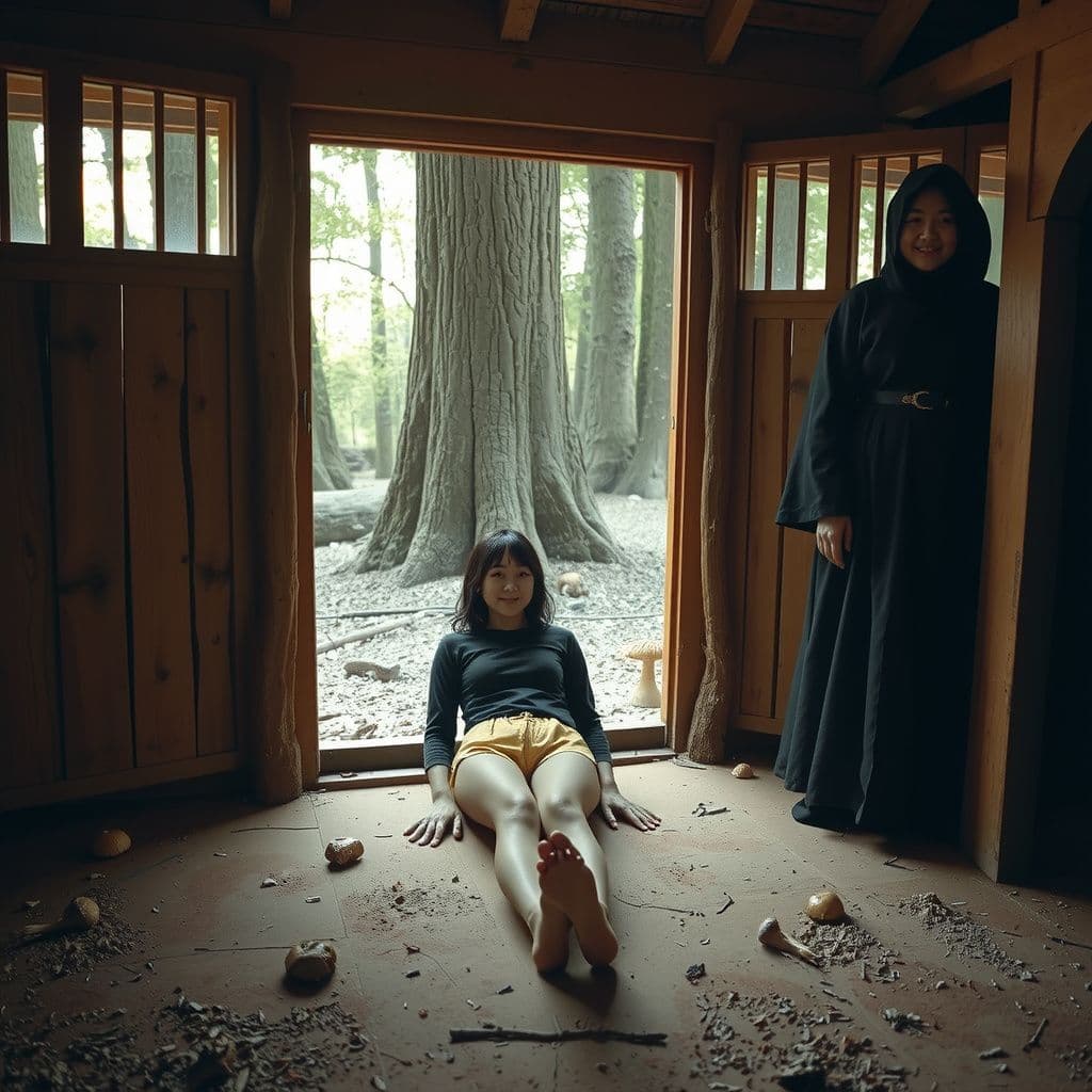 Surreal dream scene, cinematic and atmospheric, digital art: A tall, black-clad Korean novice witch stands inside a cozy wooden forest hut, smiling warmly in front of a wooden cage where a person in golden nylon shorts peacefully lies on the clay floor, surrounded by the scents of oak trees and mushrooms.