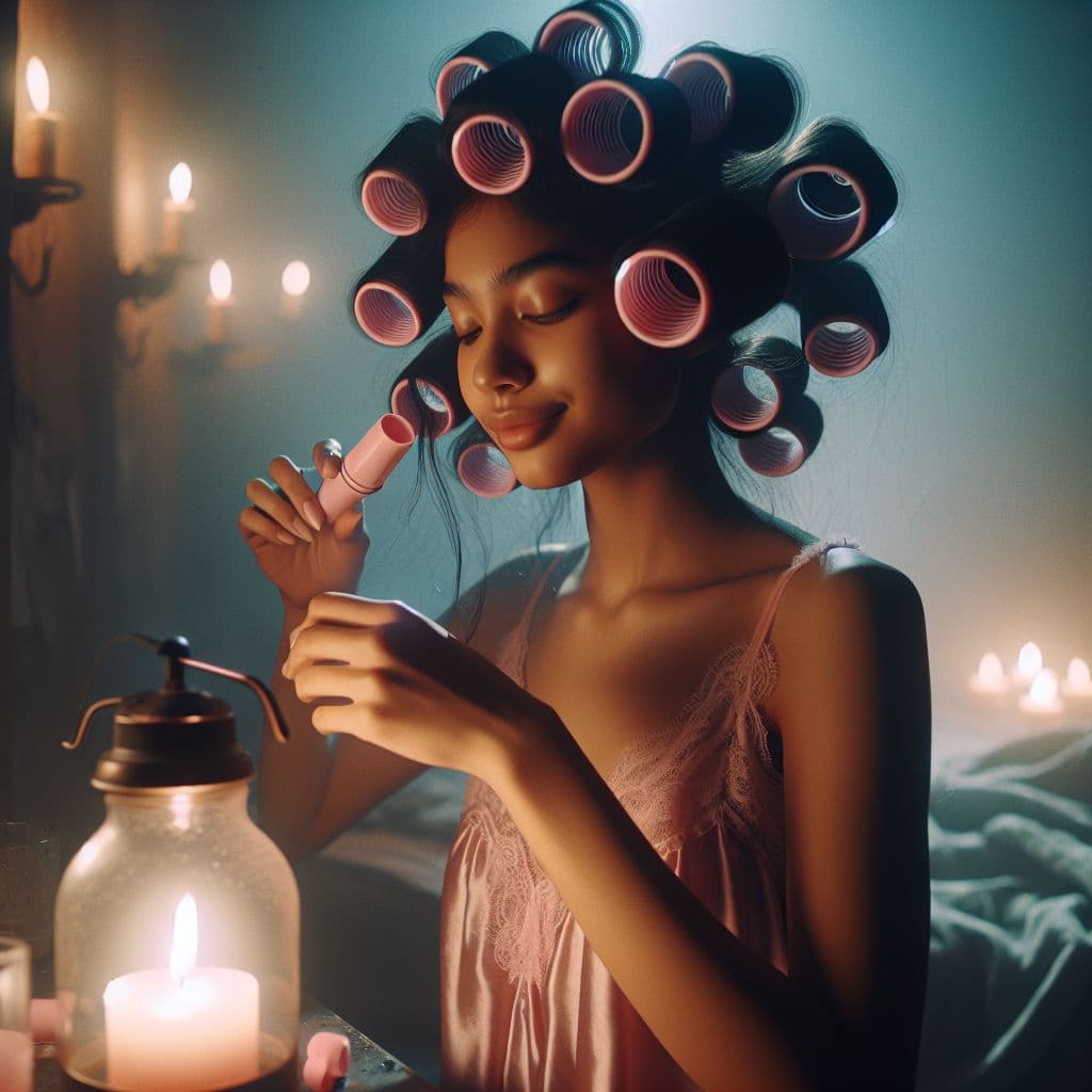 Surreal dream scene, cinematic and atmospheric, digital art: A young woman in a dimly lit cozy room is curling her hair with cute pink natural hair curlers, gently spritzing water as she smiles softly, while faint, imaginary cheers and applause fill the air.
