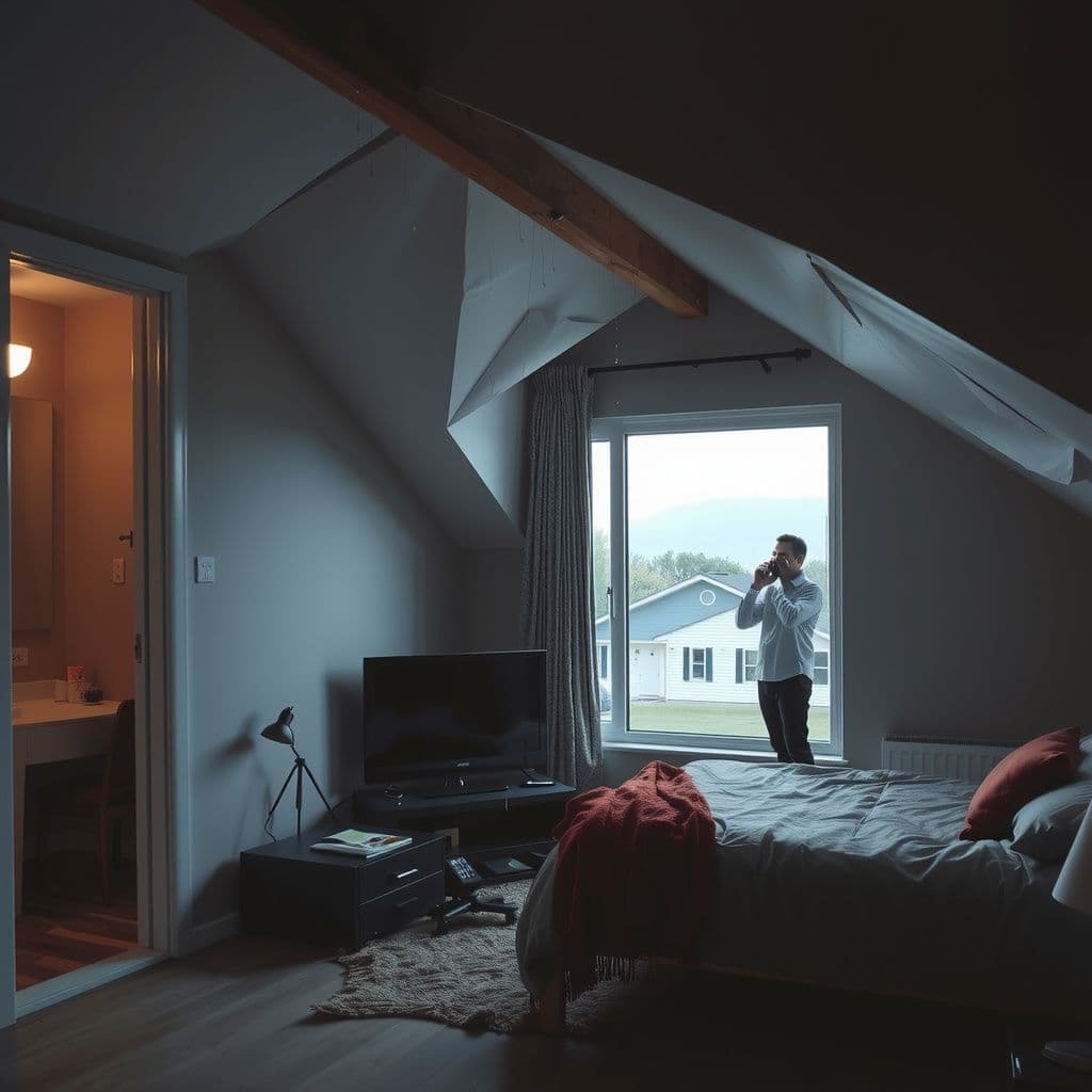 Surreal dream scene, cinematic and atmospheric, digital art: A cozy bedroom with walls made of white paper that are buckling and wet from rain pouring inside, while outside a man stands in sunlight talking on the phone near the house.